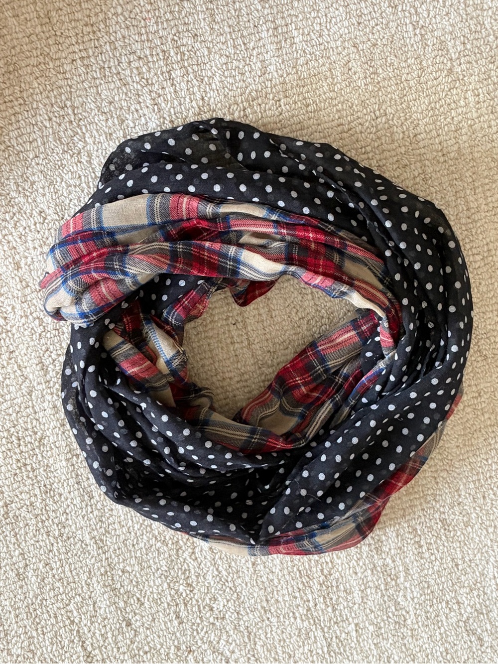 Anthropologie- Navy Polka Dot & Red Plaid Lightweight Women's Infinity Scarf